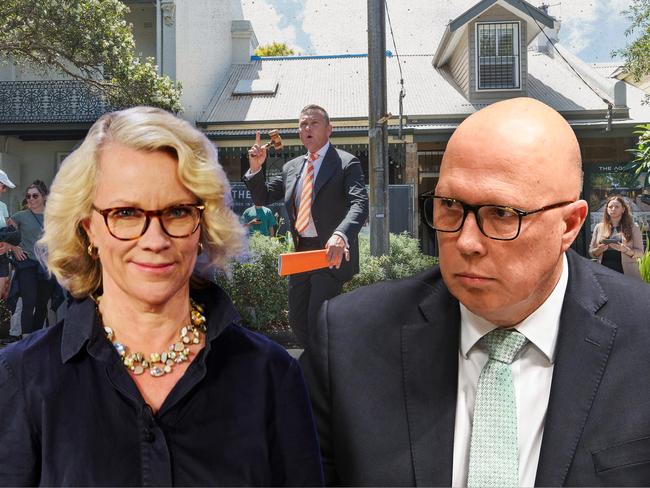 6 June 2024; A photo comp of Laura Tingle and Peter Dutton for The Mocker with auctioneer Damien Cooley in the background; Artwork. Sources: NewsWire, Weekend Telegraph. 4:3 Ratio.