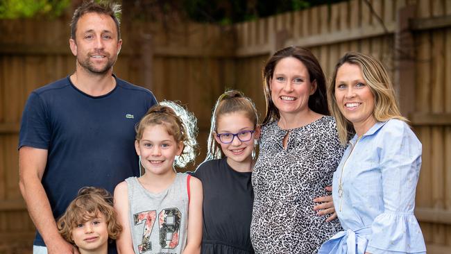 Penny and Leigh Hansen with her sister Fiona Davey and Fiona’s kids Isabella (11), Amelia (8) and Isaac (5). Picture: Jay Town.