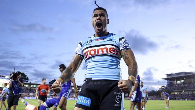 SYDNEY, AUSTRALIA - MARCH 15: Sione Katoa of the Sharks celebrates after scoring a try during the round two NRL match between Cronulla Sharks and Canterbury Bulldogs at PointsBet Stadium on March 15, 2024, in Sydney, Australia. (Photo by Mark Metcalfe/Getty Images)