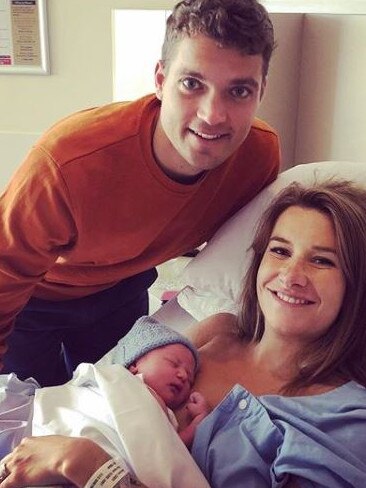 … and Carey with his newborn son Louis and wife Eloise at the hospital.