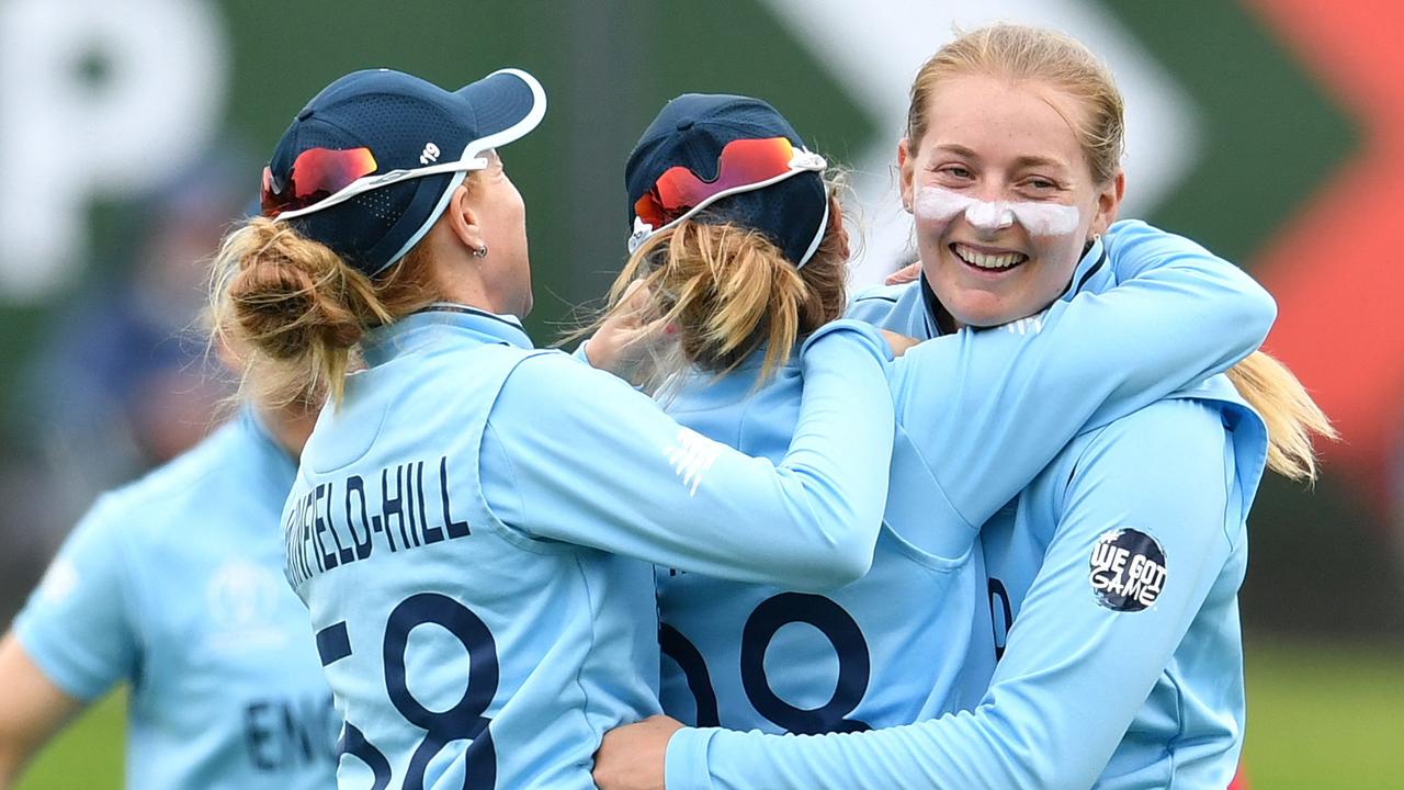 England's Sophie Ecclestone (right) celebrates the dismissal of West Indies Kycia Knight during a women's World Cup match between England and West Indies. Picture: AFP