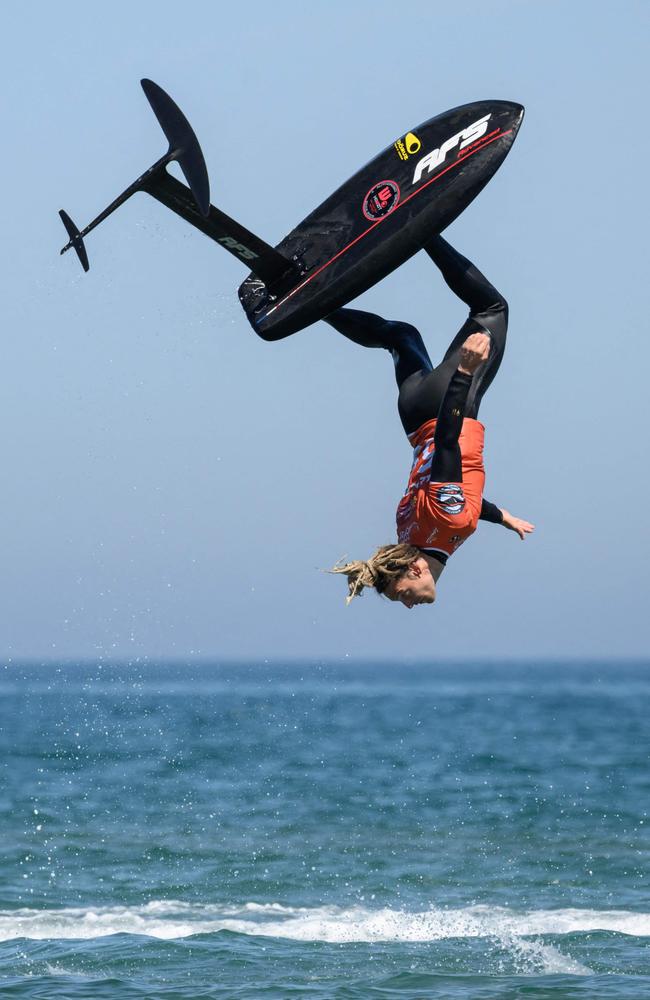 Alan Fedit of Germany competes in the Foil Tow In final of the Mondial du Vent competition at La Franqui beach in Leucate, France. Picture: Ed Jones/AFP