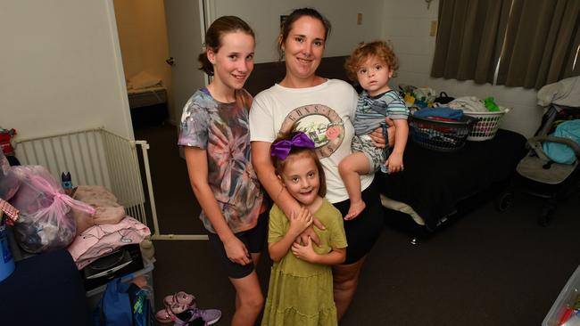 Townsville mum Jessica Carr, with Talisha Carr, 12, Hayley Schoeck, 5, and Samuel Schoeck, 19 months, have been forced to live in a motel as they search for affordable rentals. Picture: Evan Morgan