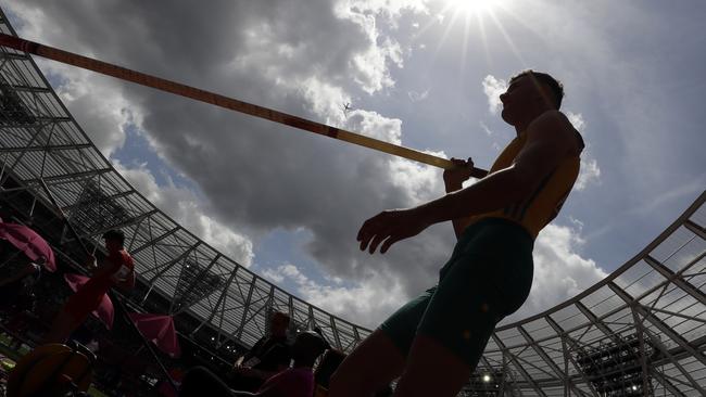 Pole vaulter Kurtis Marschall prepares to jump during qualifying at the world athletics championships in London. Picture: AP