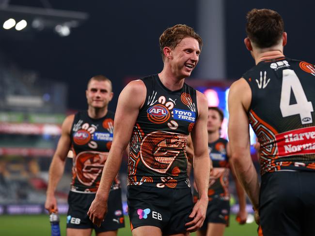 Lachie Whitfield enjoys the Giants’ victory. Picture: Graham Denholm/Getty Images