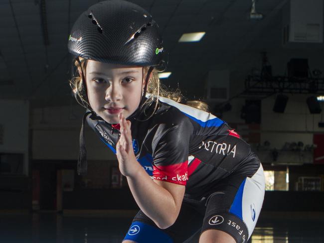 Billie Russell, 8, clean-swept the national inline speed skating championships in Adelaide earlier this year, winning 8 titles. Billie at the skating rink, Skaterz in Eltham for a few snaps of her zooming around.Picture: Richard Serong