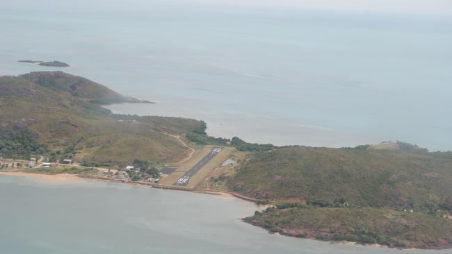 Aerial shot of the Mabuiag Island airstrip which is one of the shortest in Australia.