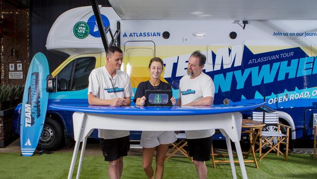 Robin Lee, Maddie Chapman, client partner, and John Keightley from the Atlassian recruitment RV at Pacific Fair in October. Picture: Jerad Williams