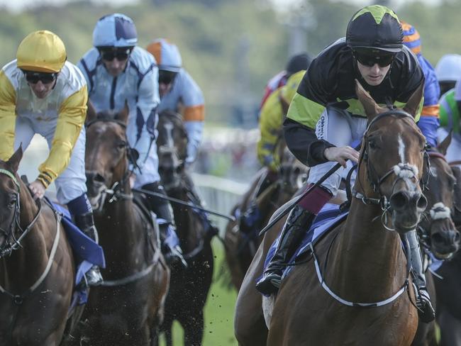 YORK, ENGLAND - AUGUST 24: Billy Lee riding Magical Zoe (black/green) win The Sky Bet Ebor Handicap at York Racecourse on August 24, 2024 in York, England. (Photo by Alan Crowhurst/Getty Images)