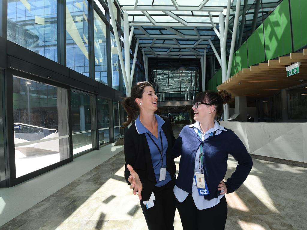 Physiotherapist Jess Anaf and registered nurse Kristin Manuel in the entryway of the new RAH. Picture: Tricia Watkinson