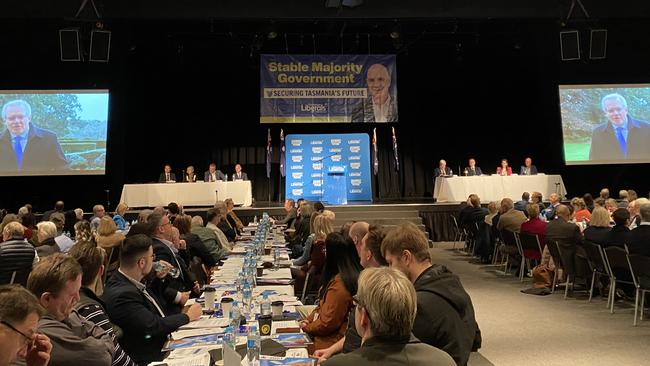 Scott Morrison appears via video link to the Tasmanian Liberal party conference.