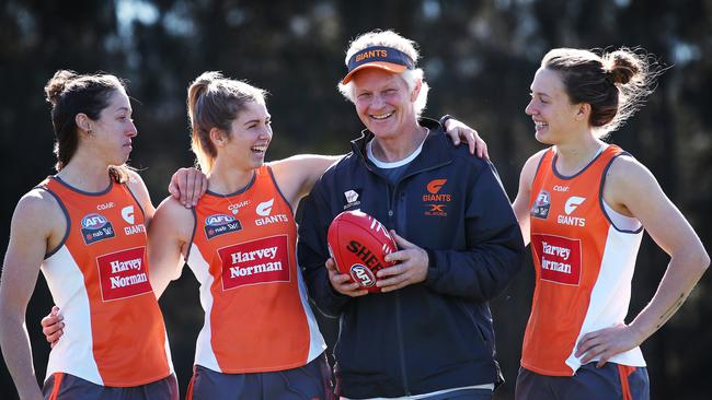 GWS women’s head coach Alan McConnell with players Renee Forth, Maddy Collier and Emma Swanson. Picture: Phil Hillyard