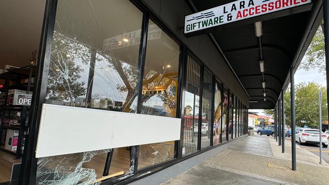 The Lara Smoke Shop smashed window. Picture: Alison Wynd