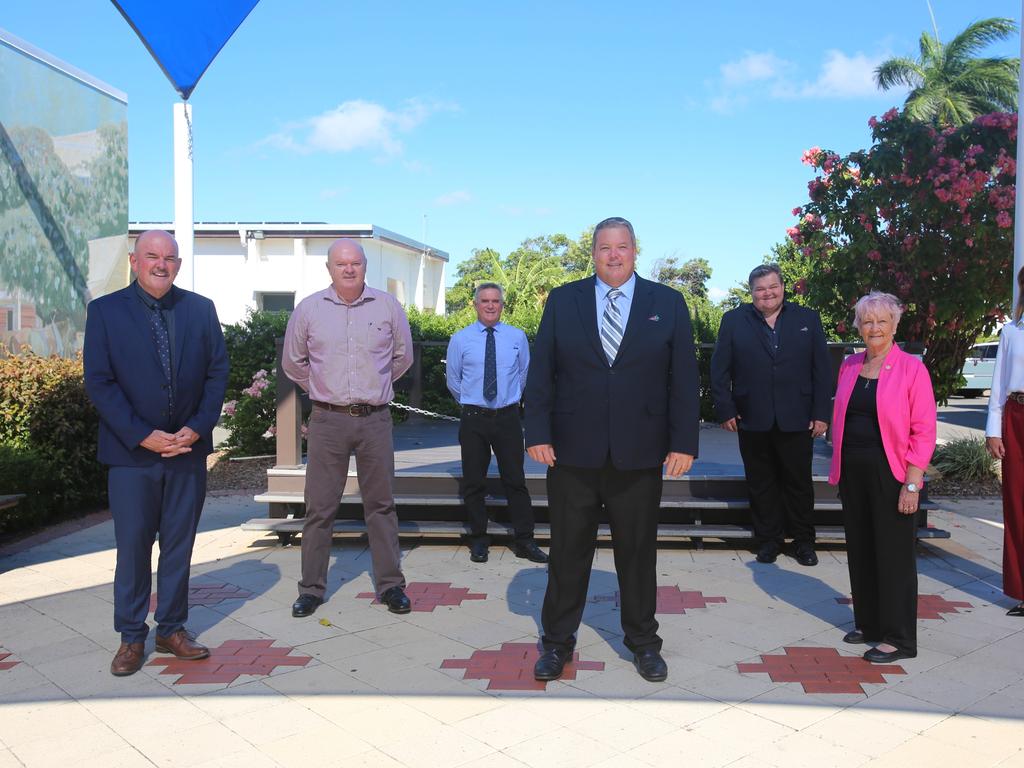 (L to R)Whitsunday Regional Council Division 6 councillor Mike Brunker, Division 5 councillor Gary Simpson, Division 2 councillor Al Grundy, Mayor Andrew Willcox, deputy mayor and Division 3 councillor John Collins, Division 1 councillor Jan Clifford and Division 4 councillor Michelle Wright. Picture: Jordan Gilliland