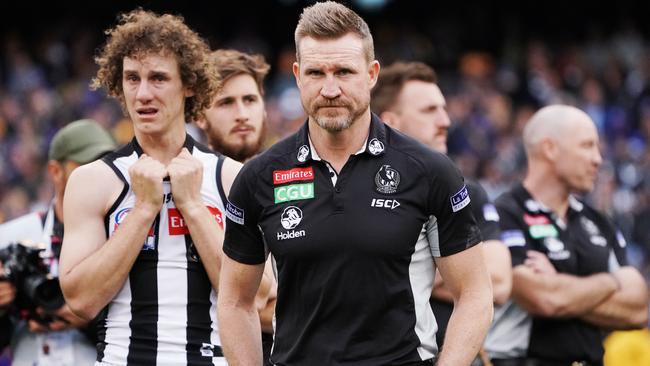 Bucks, steely-faced and resolute, after Collingwood lost the 2018 grand final. Picture: AFL Media/Getty Images