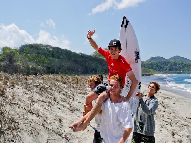 Gold Coast surfer Liam O'Brien chaired up the beach by his mates after winning the West Sumbawa Pro, Indonesia. Picture: WSL