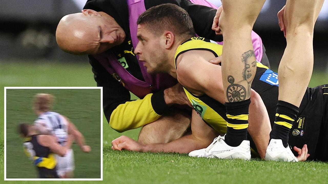 Dion Prestia after the incident. Inset: Tom Stewart collects Prestia high.