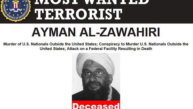 This handout image provided by the FBI on August 1, 2022 shows the poster of al-Qaeda chief Ayman al-Zawahiri after he was killed in a US counter-terrorism operation. Picture: FBI / AFP