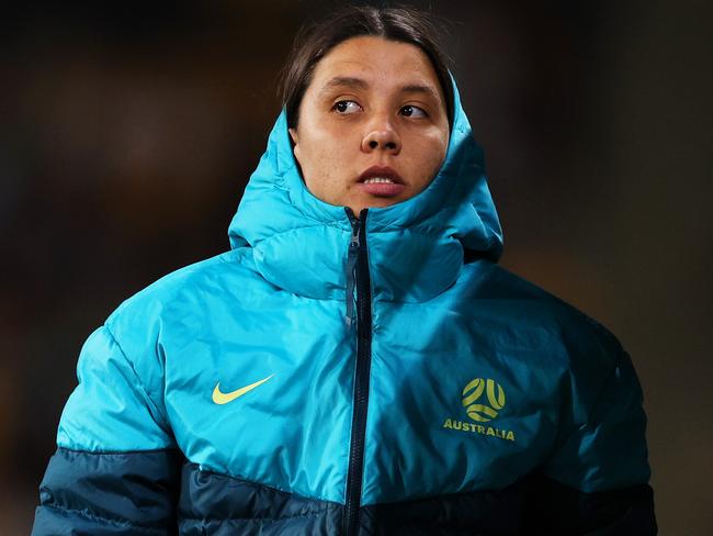 BRISBANE, AUSTRALIA - JULY 27: Sam Kerr of Australia looks on during the FIFA Women's World Cup Australia & New Zealand 2023 Group B match between Australia and Nigeria at Brisbane Stadium on July 27, 2023 in Brisbane / Meaanjin, Australia. (Photo by Elsa - FIFA/FIFA via Getty Images)