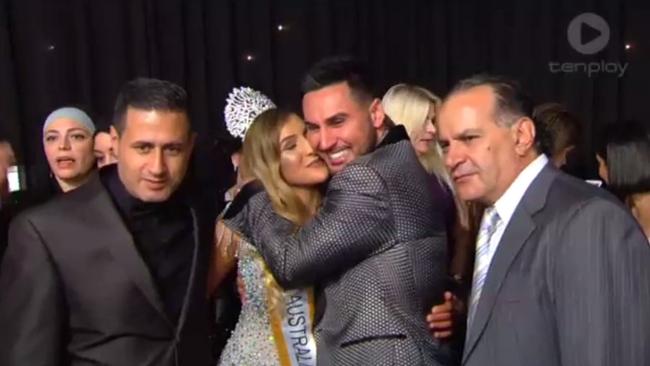 Salim embraces Mary after her crowning. Picture: Channel 10