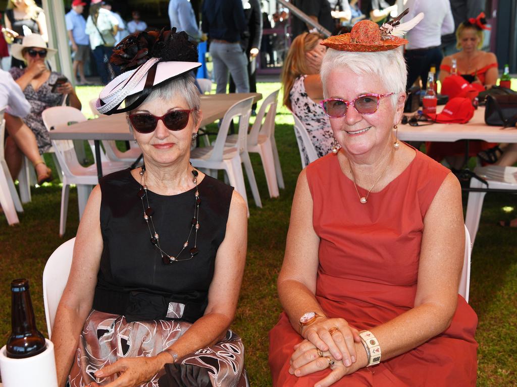 Jenny Molloy and Allison McShanag at the Darwin Turf Club Bridge Toyota Ladies' Day / Derby Day. Picture: KATRINA BRIDGEFORD