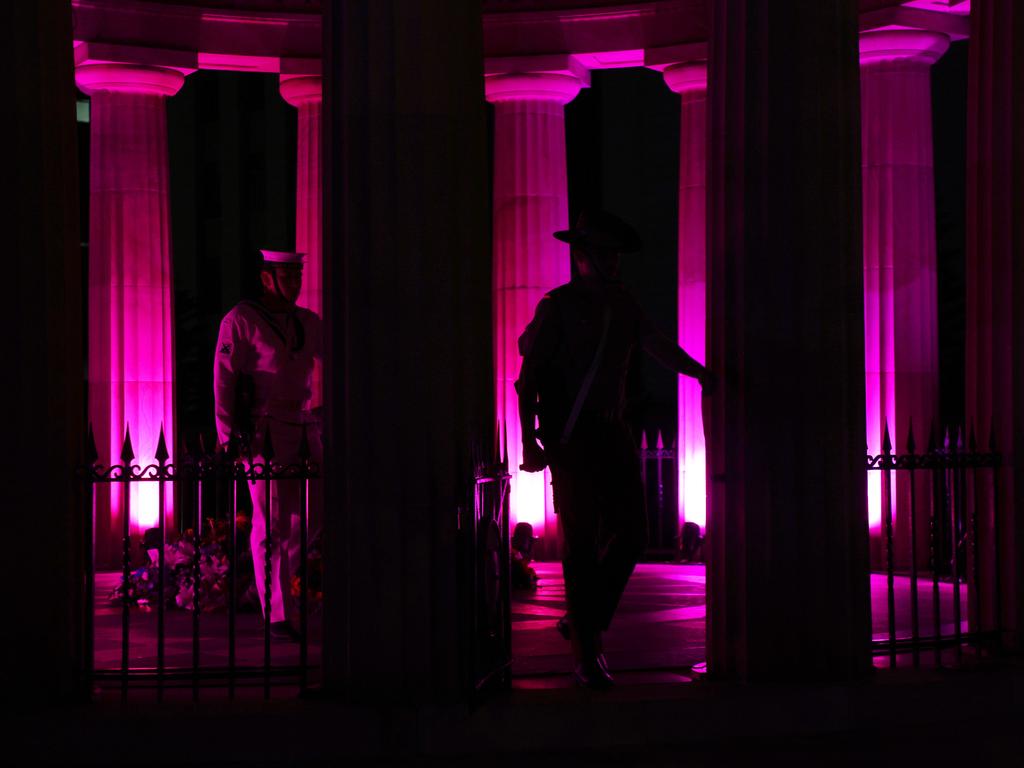 Soldiers at the Shrine of Remembrance during the ANZAC Day Dawn Service held in Brisbane. Picture: NCA NewsWire/Tertius Pickard