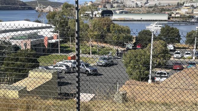 Police accuse a man allegedly armed with a knife of crashing a stolen vehicle into a Qantas call centre at Goodwood. Picture: Genevieve Holding