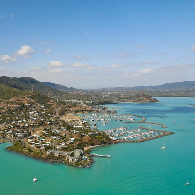 An aerial shot of the Coral Sea Marina Resort, Airlie Beach, Whitsundays.