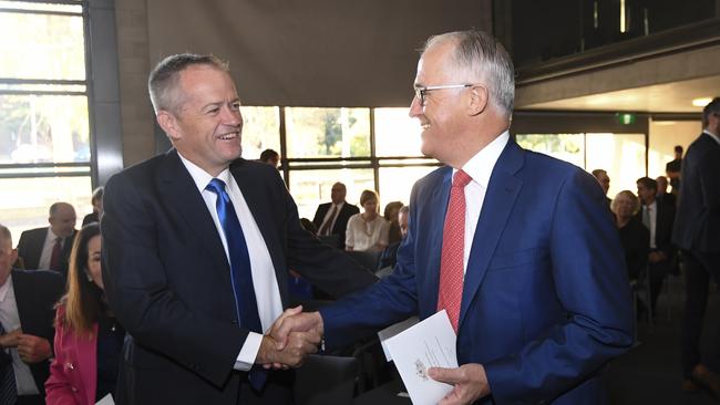 Opposition Leader Bill Shorten shakes hands with Prime Minister Malcolm Turnbull as they attend an ecumenical service for the commencement of the 2018 Parliamentary Year. Picture: AAP