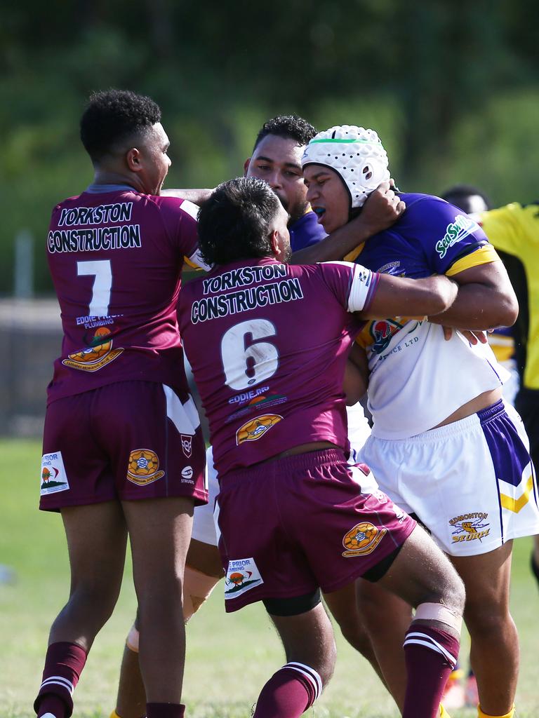 Tempers boiled over on several occasions in the Cairns and District Rugby League (CDRL) match between, the Edmonton Storm and the Yarrabah Seahawks, held at Peterson Park, Edmonton. Picture: Brendan Radke