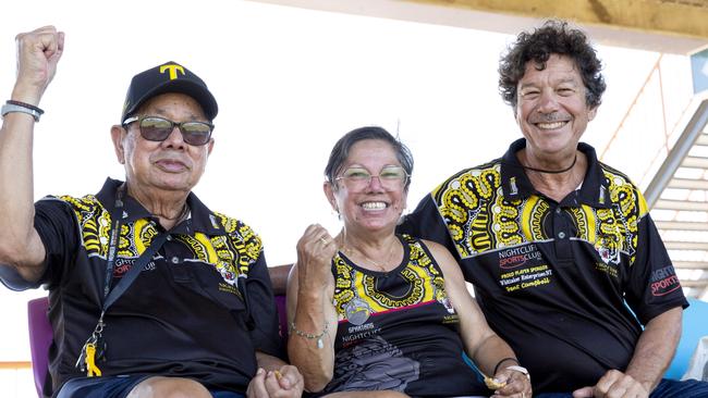 Nightcliff Tigers life member Steve Cubillo, Brenda Cubillo and Paul Whittaker at the NTFL prelim finals on Saturday afternoon. Picture: Floss Adams.. Picture: Floss Adams.