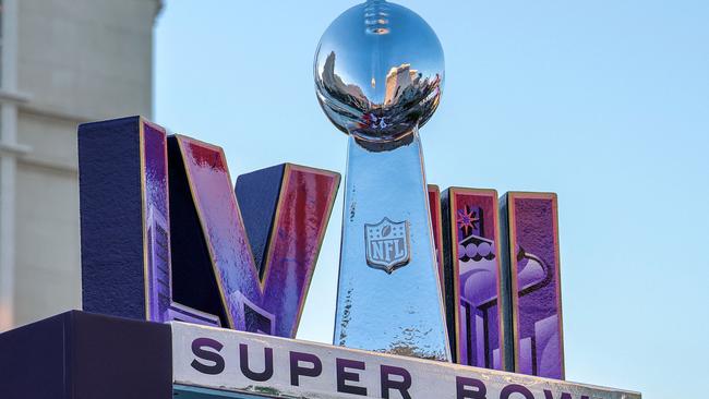 A Super Bowl LVIII display is shown on the Las Vegas Strip in front of Caesars Palace. Picture: Ethan Miller/Getty Images