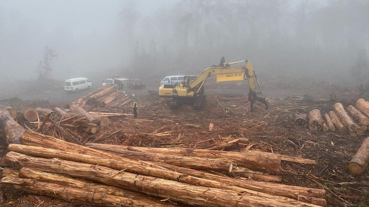 Bob Brown Foundation protesters attached to logging equipment at Wentworth Hills on Tasmania's Central Plateau.