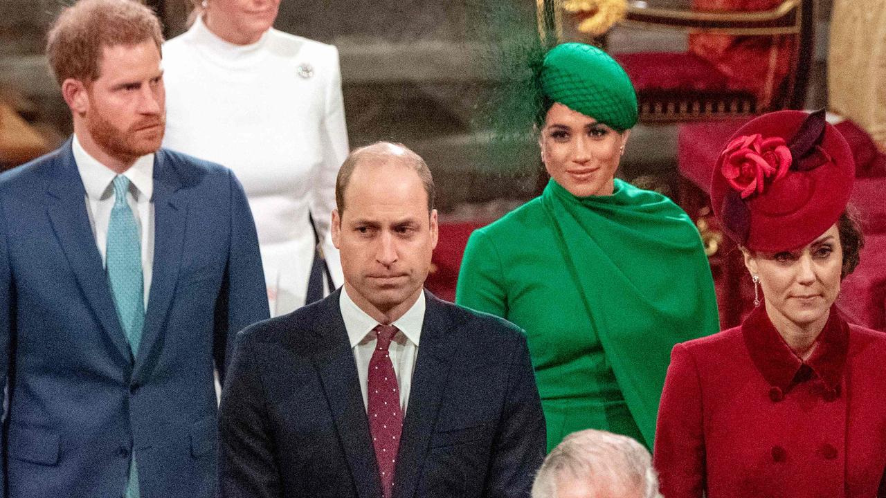 Prince William, Prince Harry, Meghan Markle and Kate Middleton at the Sussex’s last ever royal engagement in March. Picture: Phil Harris/AFP