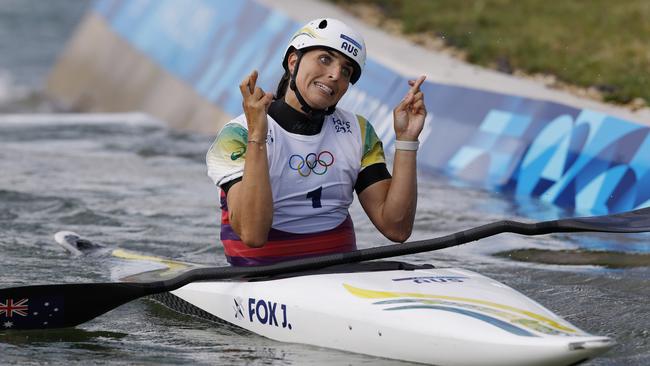 Jess Fox crosses her fingers at the end of her run. Picture: Michael Klein