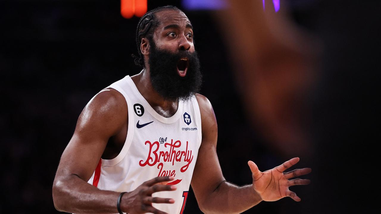 NEW YORK, NEW YORK - DECEMBER 25: James Harden #1 of the Philadelphia 76ers reacts after committing a foul during the third quarter of the game against the New York Knicks at Madison Square Garden on December 25, 2022 in New York City. NOTE TO USER: User expressly acknowledges and agrees that, by downloading and or using this photograph, User is consenting to the terms and conditions of the Getty Images License Agreement. Dustin Satloff/Getty Images/AFP (Photo by Dustin Satloff / GETTY IMAGES NORTH AMERICA / Getty Images via AFP)