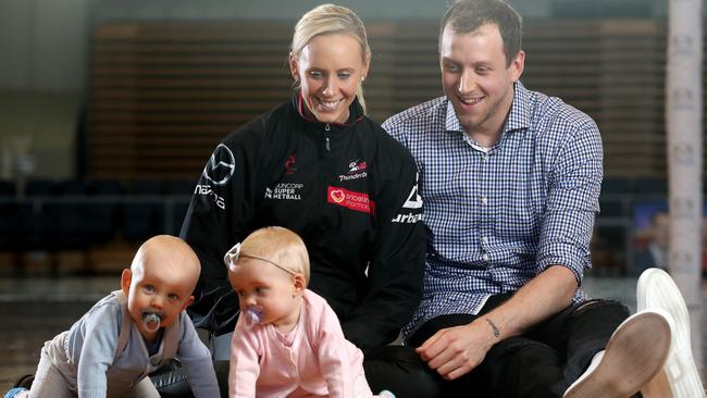 Former Adelaide Thunderbird Renae Ingles has resumed her netball career with the Melbourne Vixens and her biggest fans are husband Joe and their twins Jacob and Milla. Picture: Calum Robertson