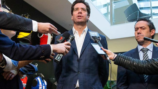 AFL chief Gillon McLachlan leant his support to Demon Jesse Hogan. Picture: Mark Stewart