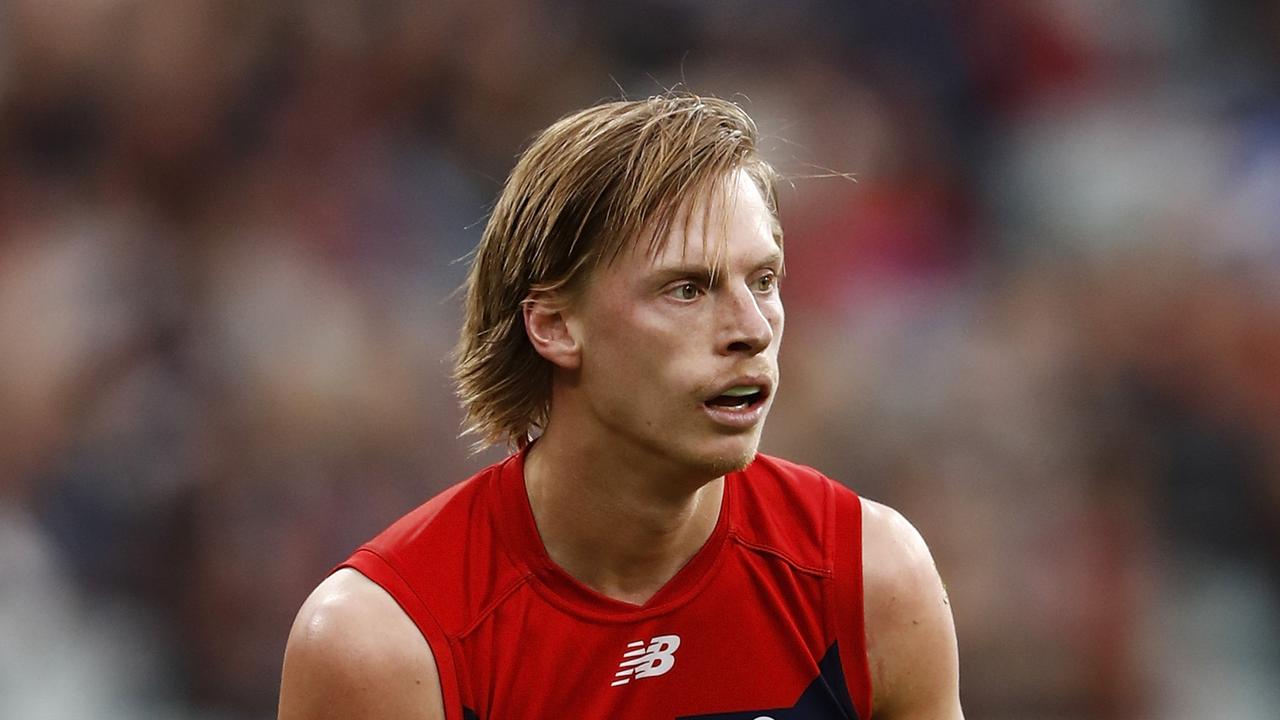 MELBOURNE, AUSTRALIA - MAY 16: Charlie Spargo of the Demons looks on during the 2021 AFL Round 09 match between the Melbourne Demons and the Carlton Blues at the Melbourne Cricket Ground on May 16, 2021 in Melbourne, Australia. (Photo by Dylan Burns/AFL Photos via Getty Images)