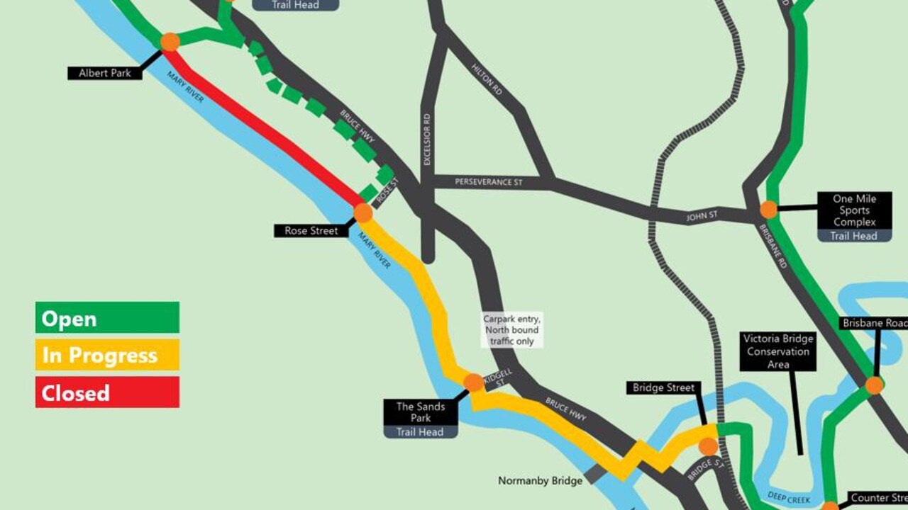 Flood restoration for The Sands will soon start. The section in green is open, yellow is in progress and red is yet to be completed. The trail is likely to be fully open and completed in 2023. Picture: Gympie Regional Council