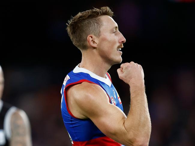 MELBOURNE, AUSTRALIA - APRIL 18: Bailey Dale of the Bulldogs celebrates a goal during the 2024 AFL Round 06 match between the St Kilda Saints and the Western Bulldogs at Marvel Stadium on April 18, 2024 in Melbourne, Australia. (Photo by Michael Willson/AFL Photos via Getty Images)