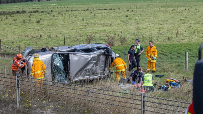 Prime Minister Scott Morrisons security detail have a car accident rolling several times on the highway between Launceston and Devonport near Elizabeth Town. Picture: Jason Edwards