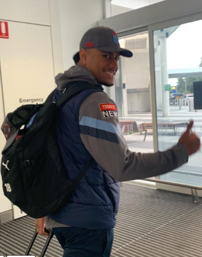 Stephen Crichton arrives at Adelaide Airport. He will replace Latrell Mitchell in the NSW side.