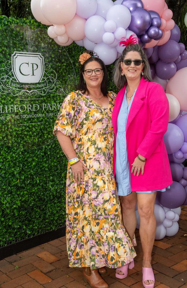 (From left) Karen Moore and Stacy Micallef-Tindale. Weetwood Raceday at Toowoomba Turf Club. Saturday, September 28, 2024. Picture: Nev Madsen.