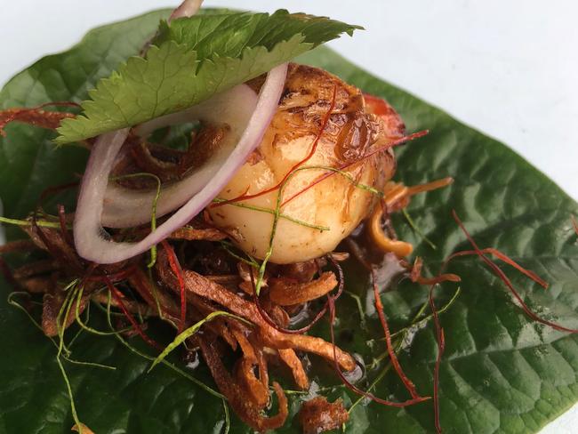 Betal leaf and smoked scallop entree at Catfish Thai. Picture: Supplied