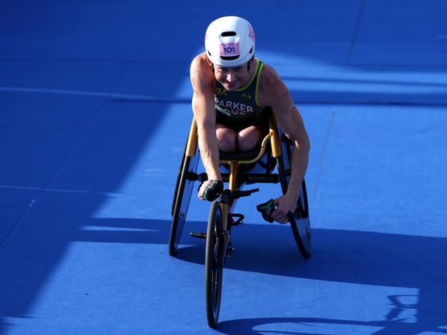 PARIS, FRANCE - SEPTEMBER 02: Lauren Parker of Team Australia looks on after winning in the Women's PTWC Para Triathlon on day five of the Paris 2024 Summer Paralympic Games at Pont Alexandre III on September 02, 2024 in Paris, France. (Photo by Tasos Katopodis/Getty Images)