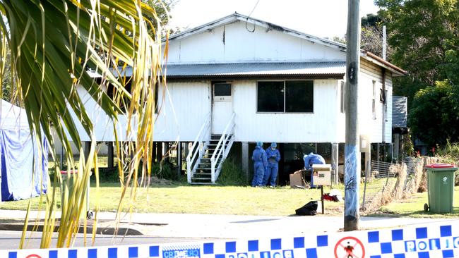 Police with detectives at the scene of a homicide investigation after a man was stabbed and a home set on fire in Laidley on Tuesday. Picture: Steve Pohlner