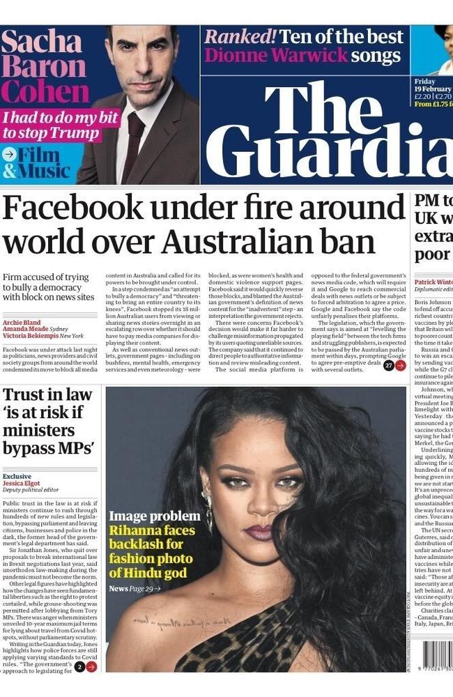 The ban also featured on The Guardian’s front page. Picture: Supplied