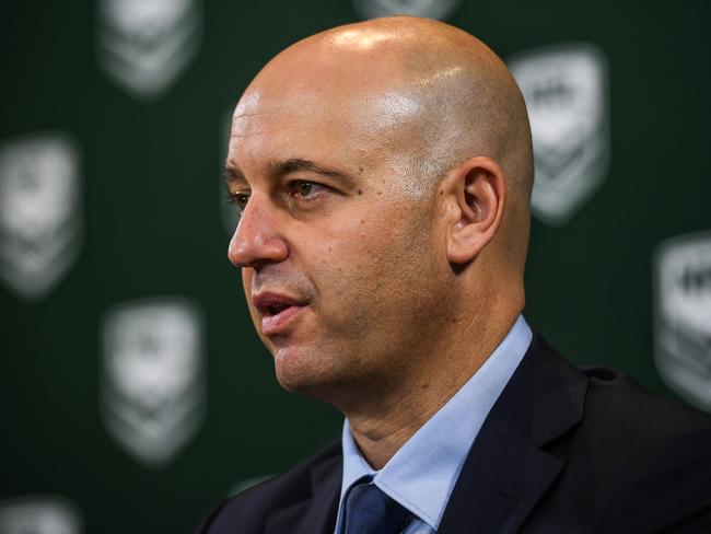 NRL CEO Todd Greenberg at a press conference for the Manly Warringah Sea Eagles Salary Cap in Sydney, Monday, March 26, 2018. (AAP Image/Brendan Esposito) NO ARCHIVING