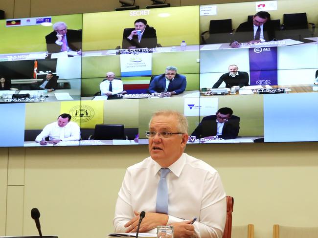 Prime Minister Scott Morrison holds a National Cabinet meeting with all the State leaders at Parliament House in Canberra on Friday, August 7, 2020. Picture: Adam Taylor/PMO